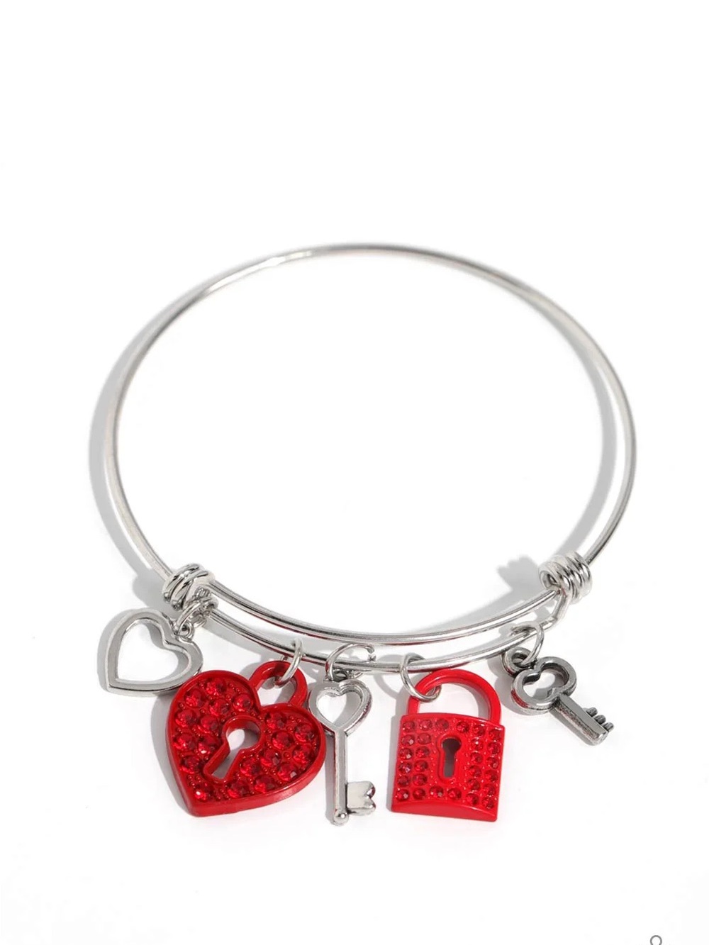 paparazzi Silver-Tone Bangle with Red Heart & Lock Charms